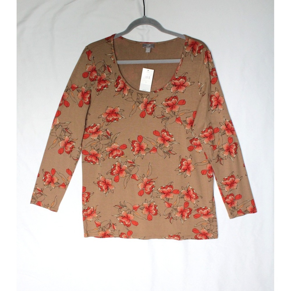 J. Jill Wearever Floral Print Scoop Neck Stretchy Blouse Top Brown Autumn Fall M